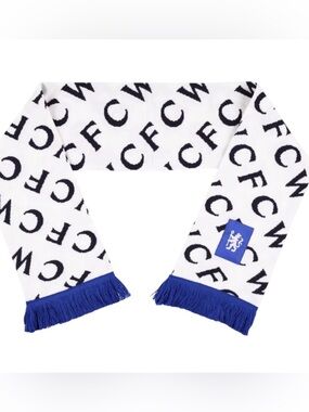 Chelsea FCW Womens Soccer Scarf White Black Monogram Blue Fringe Knit Fan Gear